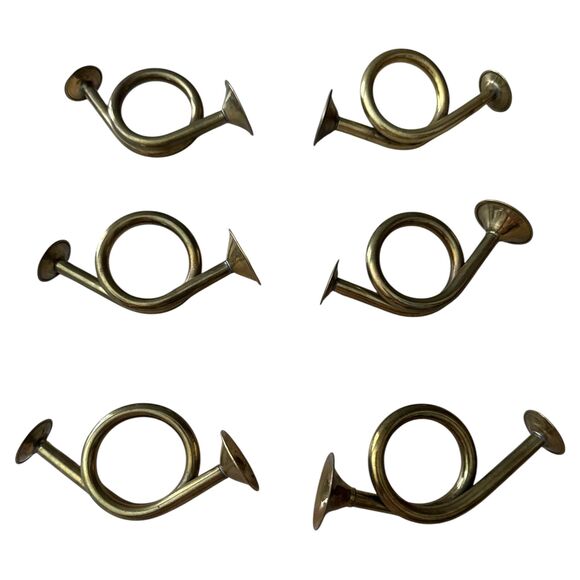 Set 6 Vintage Brass Bugle Horn Napkin Rings Holiday Christmas Table Decor - Picture 2 of 5